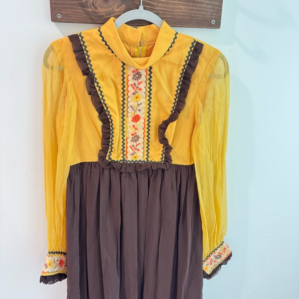Vintage Late 1960s Early 1970s Embroidered Bohemian Prairie Dress‎ Brown Mustard - Picture 2 of 9